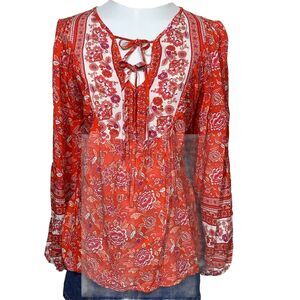 ePretty Chicago Boho Floral Long Sleeve Blouse Size M Red Pink 100% Viscose